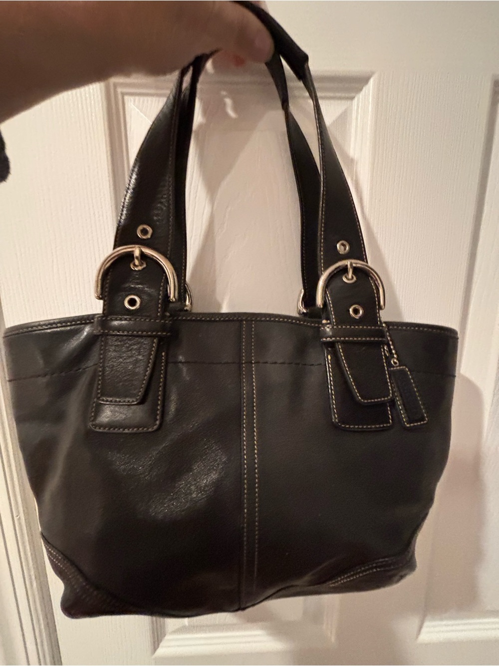 Vintage Coach SoHo Classic Black Leather Tote Bag with Gold Accents